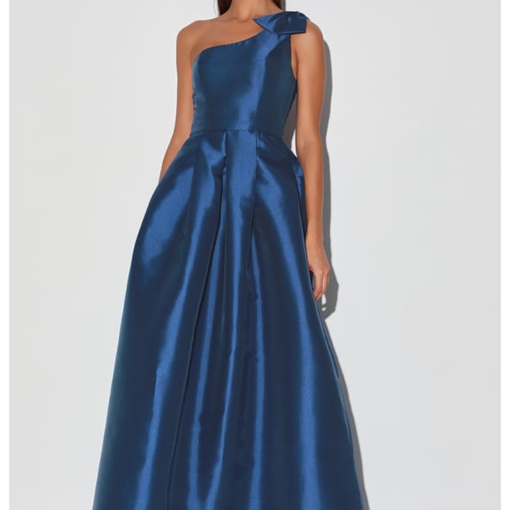 Luxurious Evening navy blue one shoulder maxi gown formal engagement prom dress